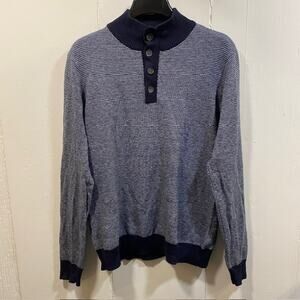 Hawker Rye Henley Cashmere Sweater 1/4 Button Blue White Cotton Mens Medium